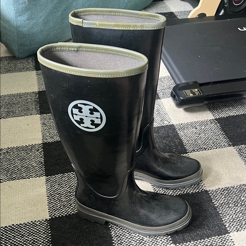 Tory Burch Black and Gray Rain Boots